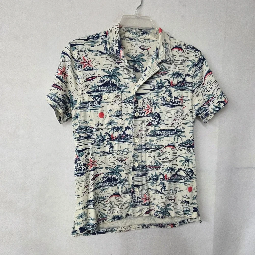 J Crew Loop Collar Shirt Men Slub Cotton Hawaiian Print Short Sleeve Button Up M
